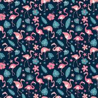 Pattern with pink flamingos and tropical leaves on blue background. Pink flamingo in flat style. Seamless pattern for textile, wrapping paper, background.Print vector