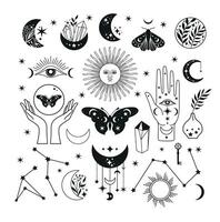 Mystical moon set icons phases and woman hands and moth, alchemy esoteric magic space, black isolated on white background vector