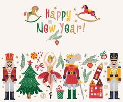 Merry Christmas, New Year set with Ballerina, Mouse King and Nutcracker. Christmas card three and toys vector