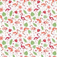 Pattern with pink flamingos and tropical leaves on a white background. Pink flamingo in flat style. Seamless pattern for textile, wrapping paper, background. vector