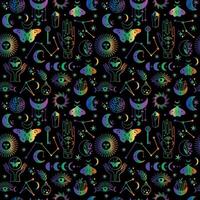 Seamless pattern Mystical moon icons phases and woman hands and moth, alchemy esoteric magic space, neon isolated on black background vector