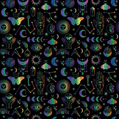 Seamless pattern Mystical moon icons phases and woman hands and moth, alchemy esoteric magic space, neon isolated on black background
