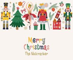Merry Christmas, New Year set with Ballerina, Mouse King and Nutcracker. Christmas card three and toys vector