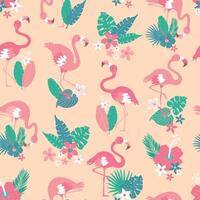 Pattern with pink flamingos and tropical leaves on pink background. Pink flamingo in flat style. Seamless pattern for textile, wrapping paper, background.Print vector