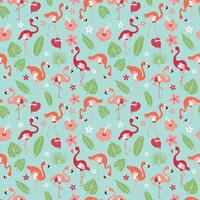 Pattern with pink flamingos and tropical leaves on a blue background. Pink flamingo in flat style. Seamless pattern for textile, wrapping paper, background. vector