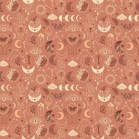 Seamless pattern Mystical moon phases and woman hands and moth, alchemy esoteric magic space, isolated on beige pink background vector