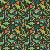 Seamless pattern with bright dinosaurs and green plants including T-rex, Brontosaurus, Triceratops, Velociraptor, Pteranodon, Allosaurus, etc. Isolated on dark background vector