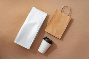 Coffee identity branding mockup set top view flat lay photo