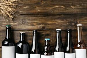 A bottle of beer and grain. Top view. Free space for text. photo