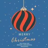 Merry Christmas and Happy New Year minimalistic greeting card with red striped bauble and stars. Modern beautiful Xmas design with festive typography. Minimal art poster, cover template vector