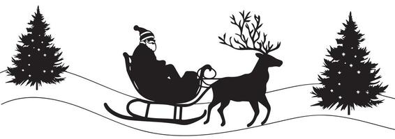 Silhouette of Santa Claus riding a sleigh pulled by a reindeer silhouette with pine trees in the background. Holiday Season Symbol. Christmas, XMas illustration vector