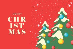 Merry Christmas greeting card or web banner with decorated snow covered trees and festive lettering on red background. Modern beautiful Xmas design with typography. Minimal art poster, cover template vector