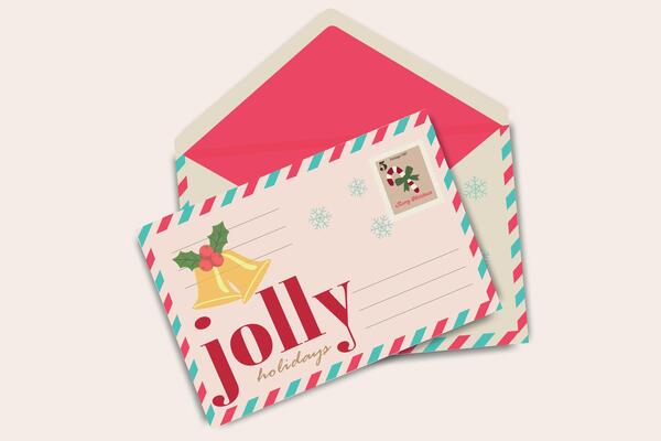 Christmas envelope and greeting card with Christmas bell, holly leaves and holiday stamp on colorful background. Minimal art template winter holiday design.