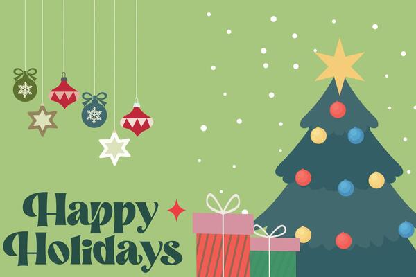 Happy holidays greeting card with decorated Christmas tree, hanging ornaments, and wrapped presents. Modern beautiful Xmas design with festive typography. Minimal art poster, cover template