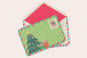 Christmas envelope and greeting card with festive tree design and holiday stamp on colorful background. Minimal art template winter holiday design. vector