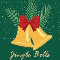 Merry Christmas and Happy New Year greeting card with golden bells, red ribbon, and green branches on a snowy background. Modern beautiful Xmas design with typography. Minimal Christmas art vector