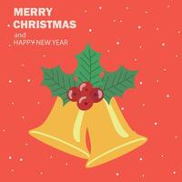 Merry Christmas and Happy New Year greeting card or web banner. Modern beautiful Xmas design with Christmas bells, holly, and typography on red background. Minimal art poster, cover template vector