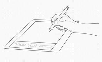 A hand holding a pen and drawing on a tablet vector