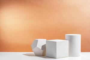 White geometric shapes arranged stylishly on a soft peach background in a minimalist setting photo