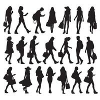 Silhouettes of people in various dynamic and walking set with white background vector