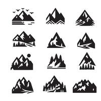 Set Mountain icons, Collection different types of Mountains Black with white background vector