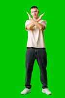 Man Gesturing No Signal Against Bright Green Background studio shot photo