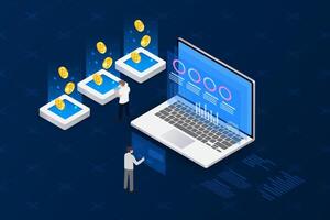Finance and trading online concept. Laptop and coint stock chart data concept isometric. vector
