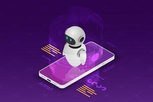 Isometric robot bot operating virtual with smart phone interface. Artificial Intelligence, Automation Process Technology and engineering. vector