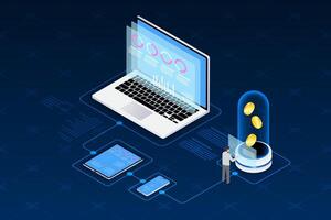 Man is standing in front of a transparent cylinder containing golden coins. Finance and trading online application concept. vector