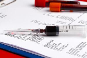Coronavirus diagnostic and treatment concept. Laboratory table close up photo