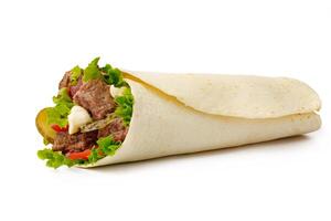 Fresh roll with grilled beef and vegetables isolated on white photo