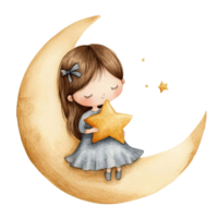 a menina Sentou em a lua esperando para a estrelas para estar dado para dela. png