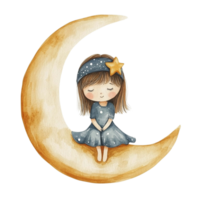 pequeno menina com lua e estrelas dentro sonhadores fundo png