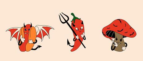 Set of Cute, happy, funny hot dog, pepper devil and mushroom with a knife cartoon mascot character vector