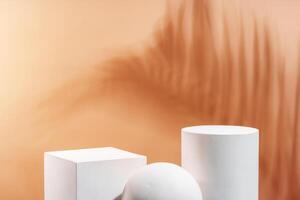 White geometric shapes arranged stylishly on a soft peach background in a minimalist setting photo