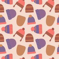 Hand drawn seamless pattern with warm knitted hats, beanie. Repeating background with Cute headwear, cap, accessories. Flat color illustration for wrapping, print, paper, card, poster, design vector