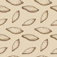 Repeating background with Sweet Potatoes fruits. Hand drawn engraved seamless pattern with vegetables. Healthy food, harvest.Design for label, banner, card, menu, print, paper, wrapping, sign vector