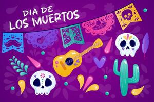 Day of the Dead set, elements on a purple background. Flags, skull, guitar, cactus. vector