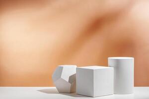 White geometric shapes arranged stylishly on a soft peach background in a minimalist setting photo