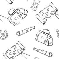 Compass, spyglass, map, carpet bag black and white graphic seamless pattern. Repeating background for boys adventure print. Monochrome vintage travel print in line art hand drawn vector