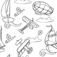 Sailing ship, dirigible and airplane seamless pattern monochrome isolated. Black and white graphic hand drawn repeating design of adventure vintage style. Child contour transport background. vector