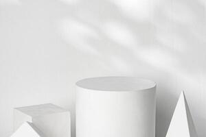 Three geometric shapes in soft white tones on a light background with gentle shadows photo