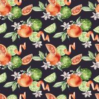 Jasmine flowers with citrus fruits grapefruit and bergamot watercolor seamless pattern isolated. Hand drawn summer plants orange and green colors in botanical sketch style for wrapping paper, textile. vector