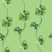 Shamrock watercolor seamless pattern of stripes isolated on green background. Painted green four leaves clover. Hand drawn Celtic symbol. Design for St. Patrick day decoration, textile, wrapping vector