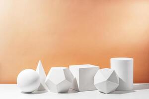 Various geometric shapes arranged artistically on a table with a warm, soft background during daylight photo
