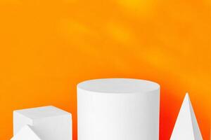 White geometric shapes on a vibrant orange background with soft shadows in a well-lit indoor setting photo