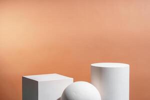 White geometric shapes arranged stylishly on a soft peach background in a minimalist setting photo