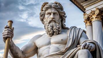 Close up of ancient statue of Zeus god of thunder intricately carved and made from marble photo