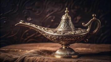 Classic Genie's lamp from the Middle-East with intricate carvings sprawled elegantly across its golden body photo