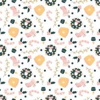 Seamless cute pattern with Christmas wreath, sweater, candle, lollipop, holly and garland. In delicate colors. Hand-drawn image on white background. For web backgrounds, fabrics, wrapping paper vector